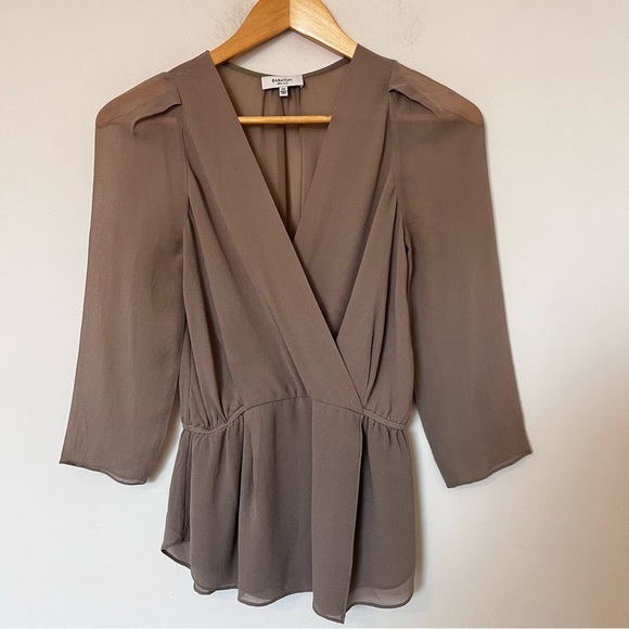 Babaton Aritzia Silk Blouse Surplice Peplum Taupe XXS Office Workwear - Picture 2 of 10